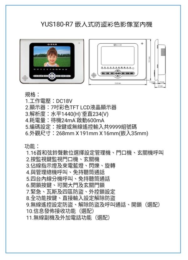 玄奇科技｜弱電整合工程專家｜對講機系統-YUS180室內機-RFSCYUS180-R7