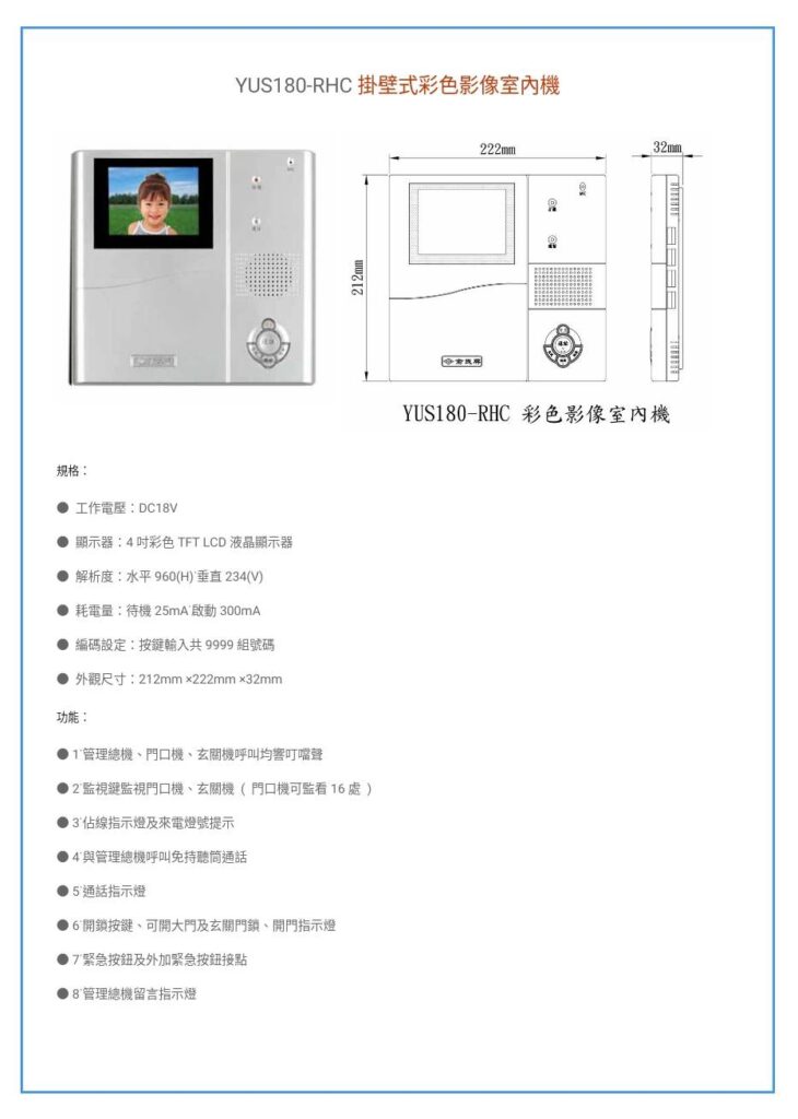 玄奇科技｜弱電整合工程專家｜對講機系統-YUS180室內機-RFSCYUS180-RHC