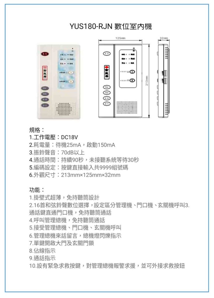 玄奇科技｜弱電整合工程專家｜對講機系統-YUS180室內機-RFSCYUS180-RJN