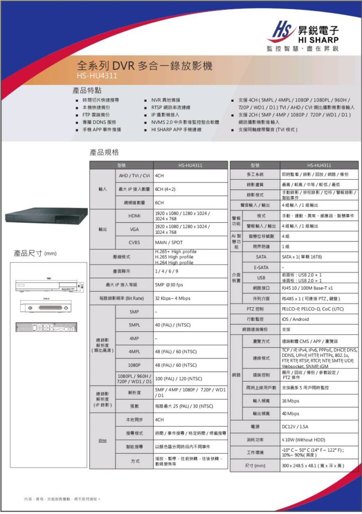 玄奇科技｜弱電整合工程專家｜監控主機-【HS-HU4311】4路DVR